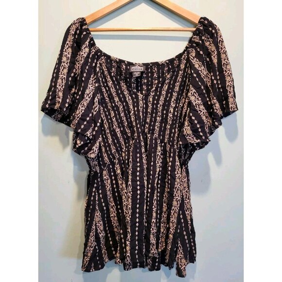 Angie Tops - Angie Black Tan Floral Flutter Sleeve Smocked Babydoll Top Sz 2X Fairygoth